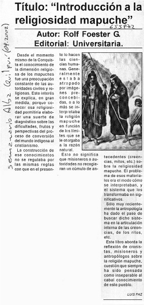 "Introducción a la religiosidad mapuche".  [artículo] Luis Paz.
