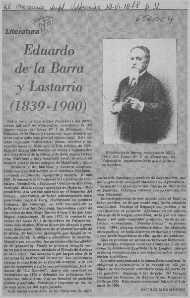 Eduardo de la Barra y Lastarria (1839-1900)  [artículo] Ruth Eliana Merino.