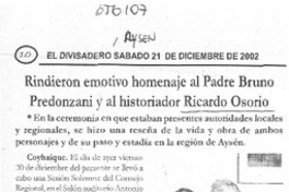 Rindieron emotivo homenaje al Padre Bruno Prendozani y al historiador Ricardo Osorio.  [artículo]