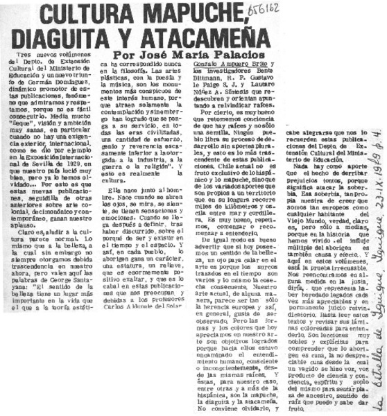 Cultura Mapuiche, Diaguita y Atacameña  [artículo] José María Palacios.