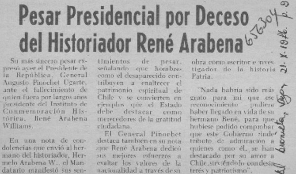 Pesar Presidencial por deceso del historiador René Arabena.  [artículo]