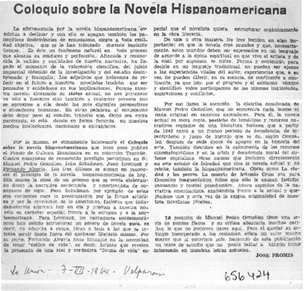 Coloquio sobre la novela hispanoamericana  [artículo] José Promis.