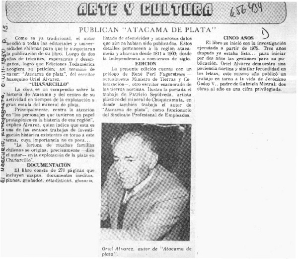 Publican "Atacama de plata"  [artículo] Andrés Sabella.