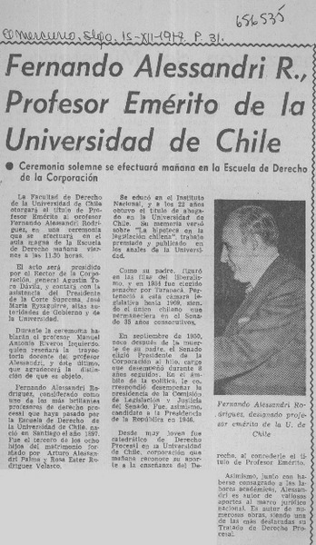 Fernando Alessandri, profesor emérito de la Universidad de Chile.  [artículo]