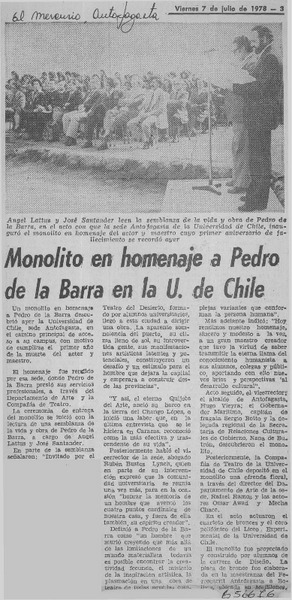 Monolito en homenaje a Pedro de la Barra en la U. de Chile.  [artículo]