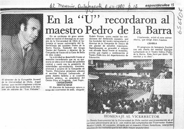En la "U" recordaron al maestro Pedro de la Barra.  [artículo]