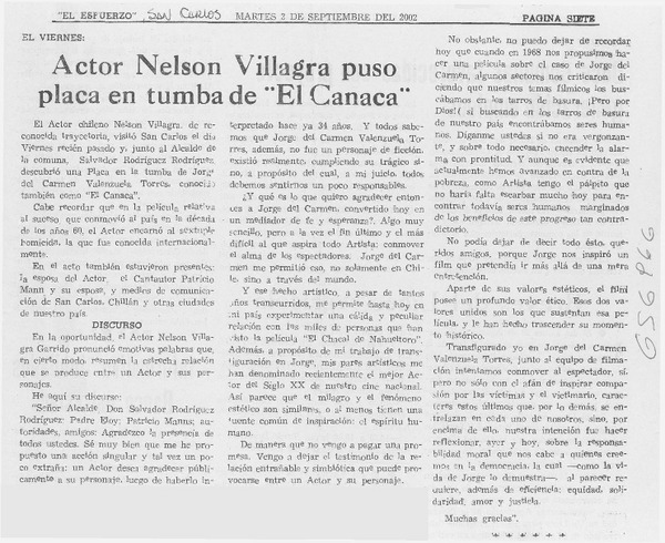 Actor Nelson Villagra puso placa en tumba de "El Canaca".