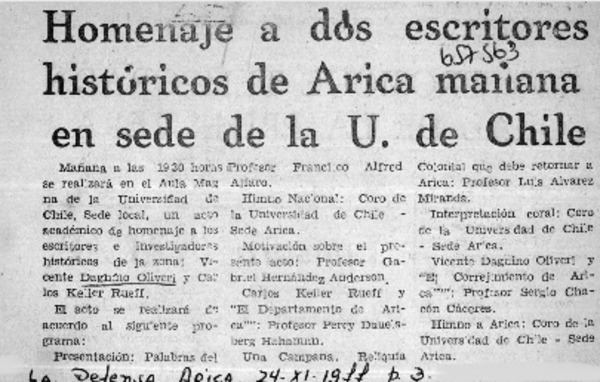 Homenaje a dos escritores históricos de Arica, mañana en sede de la U. de Chile.  [artículo]