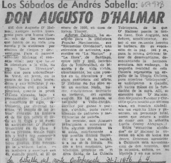Don Augusto D'Halmar  [artículo] Andrés Sabella.