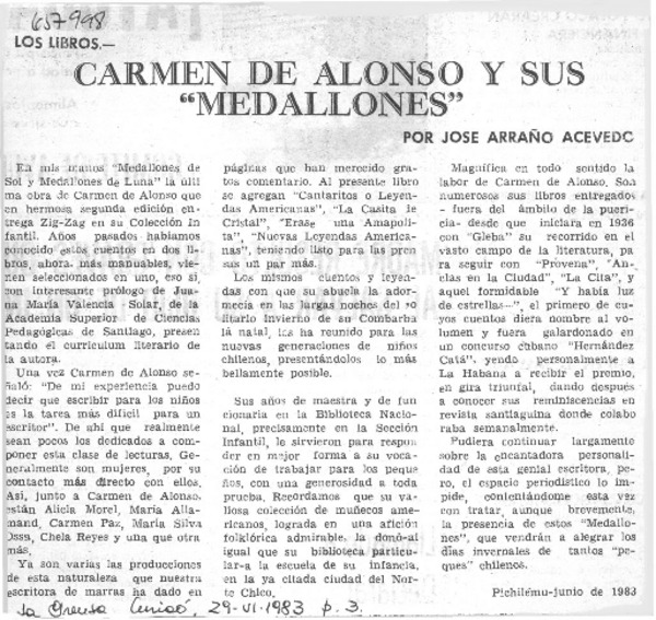 Carmen de Alonso y sus "Medallones"  [artículo] José Arraño Acevedo.