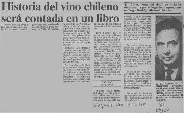 Historia del vino chileno será contada en un libro.  [artículo]