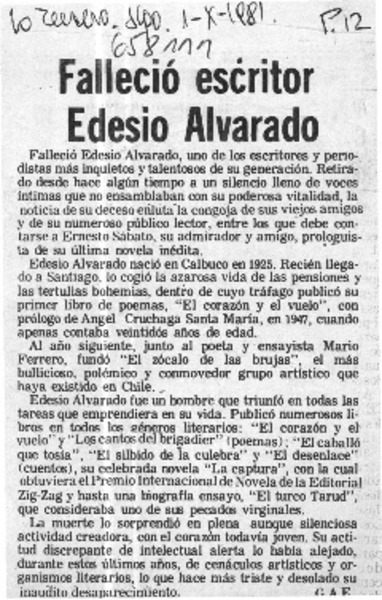 Falleció escritor Edesio Alvarado  [artículo] G.A.E.