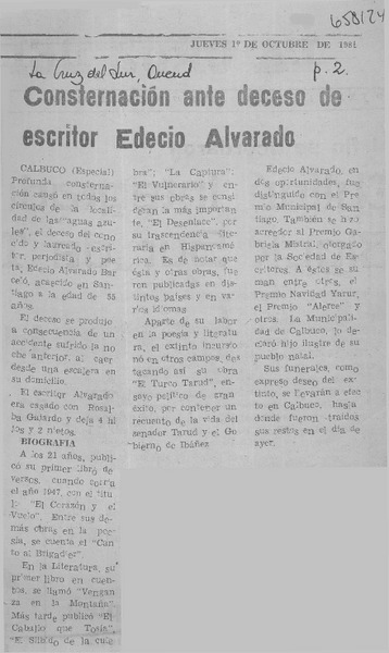 Consternación ante deceso de escritor Edesio Alvarado.  [artículo]