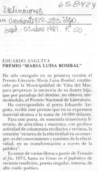 Eduardo Anguita, Premio "María Luisa Bombal".