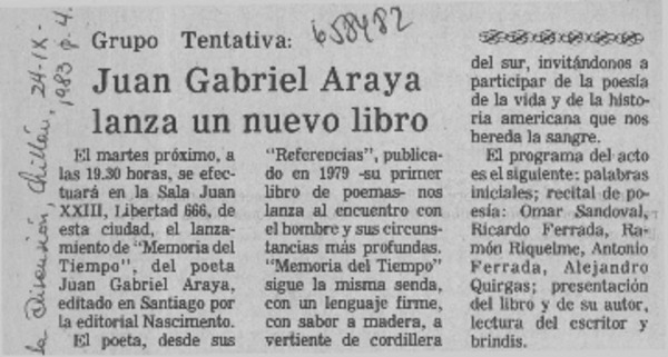 Juan Gabriel Araya lanza un nuevo libro.  [artículo]