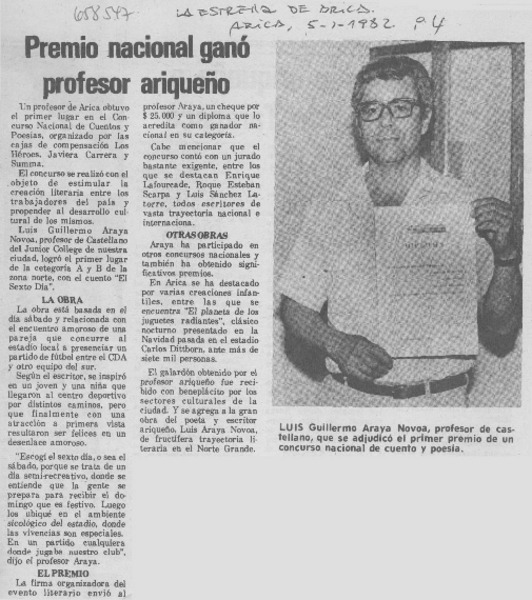 Premio nacional ganó profesor Ariqueño.