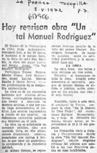 Hoy reprisan obra"Un tal Manuel Rodríguez".  [artículo]