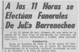 A las 11 horas se efectúan funerales de Julio Barrenechea.