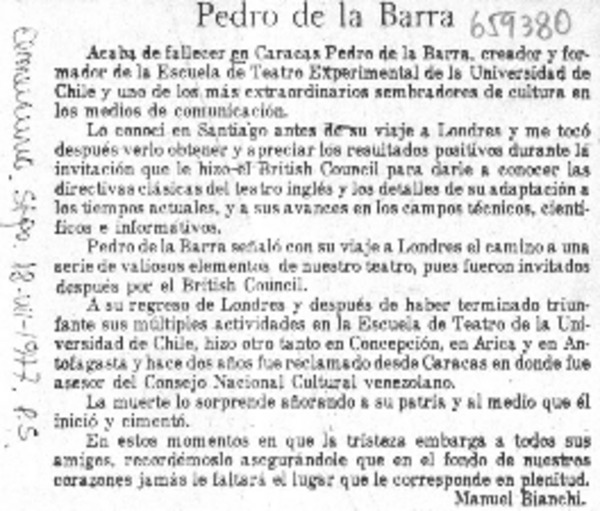 Pedro de la Barra.  [artículo]