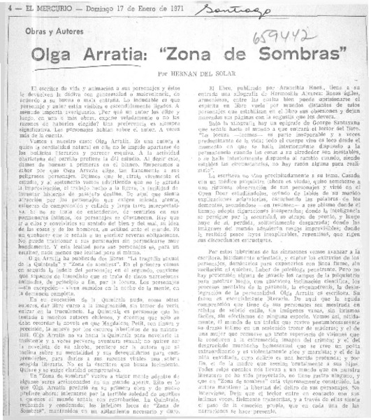Olga Arratia, "Zona de sombras"  [artículo] Hernán del Solar.
