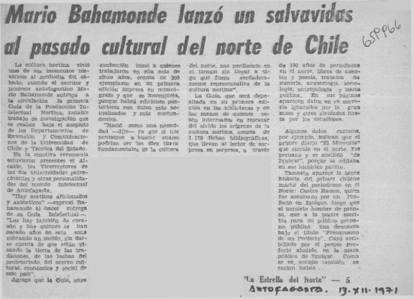 Mario Bahamonde lanzó un salvavidas al pasado cultural del norte de Chile.  [artículo]