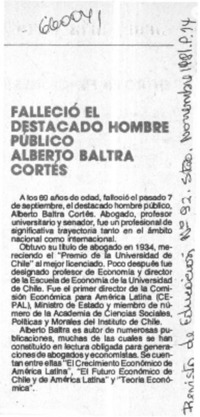 Falleció el destacado hombre público Alberto Baltra Cortés.  [artículo]