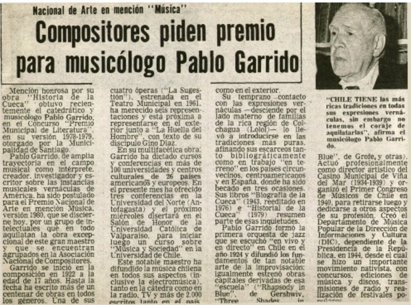 Compositores piden premio para musicólogo Pablo Garrido.