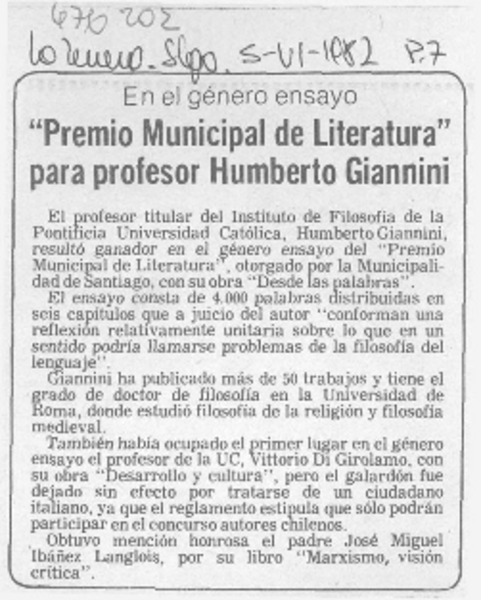 "Premio municipal de literatura" para profesor Humberto Giannini.
