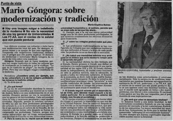 Mario Góngora: sobre modernización y tradición : [entrevista]