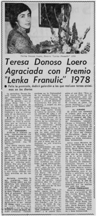 Teresa Donoso Loero agraciada con premio "Lenka Franulic" 1978.
