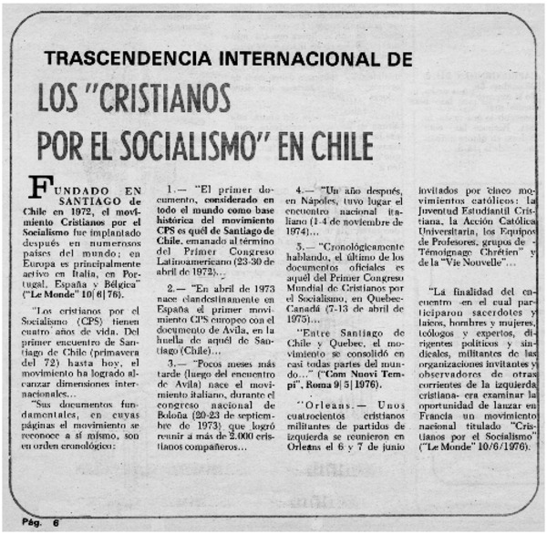 Transcendencia internacional de los "Cristianos por el socialismos" en Chile.