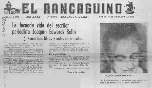 Se suicidó escritor Joaquín Edwards Bello.