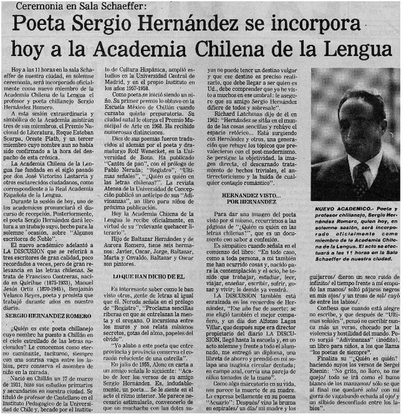 Poeta Sergio Hernández se incorpora hoy a la Academia Chilena de la Lengua.