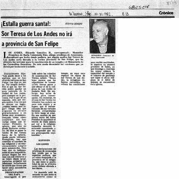 ¡Estalla guerra santa!, Sor Teresa de Los Andes no irá a provincia de San Felipe.