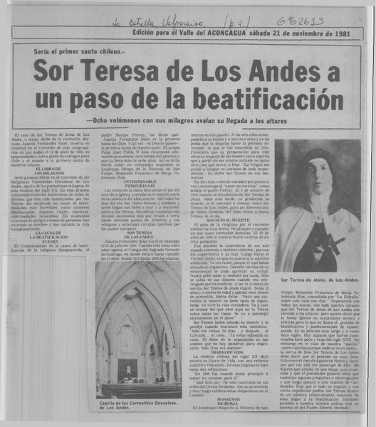 Sor Teresa de Los Andes a un paso de la beatificación.