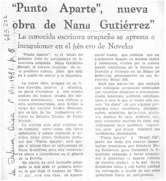 "Punto aparte", nueva obra de Nana Gutiérrez.