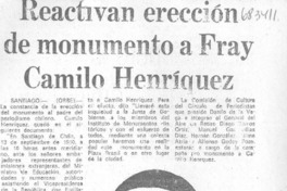 Reactivan erección de monumento a Fray Camilo Henríquez.