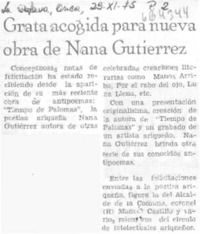 Grata acogida para nueva obra de Nana Gutiérrez.