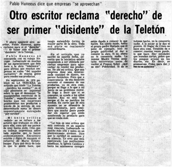 Otro escritor reclama "derecho" de ser primer "disidente" de la Teletón.