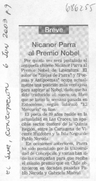 Nicanor Parra al Premio Nobel.