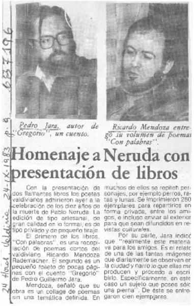 Homenaje a Neruda con presentación de libros.