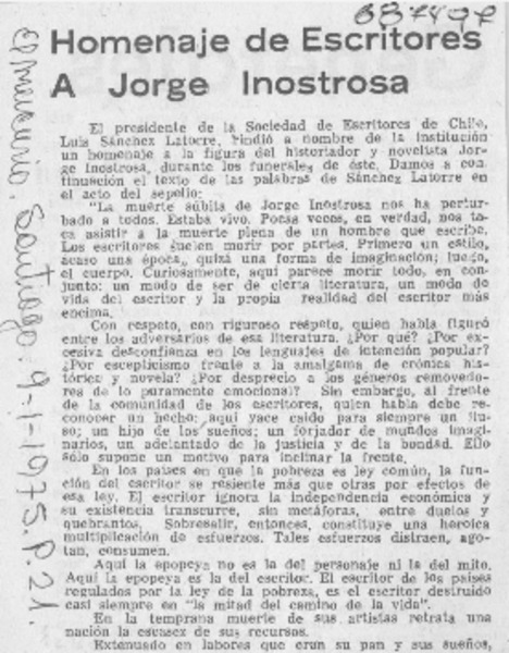 Homenaje de escritores a Jorge Inostrosa.