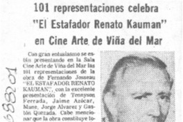 101 representaciones celebra "El estafador Renato Kauman" en cine Arte de Viña del Mar.