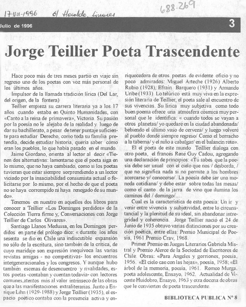 Jorge Teillier poeta trascendente.