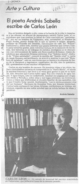 El poeta Andrés Sabella escribe de Carlos León