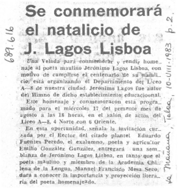 Se conmemorará el natalicio de J. Lagos Lisboa.