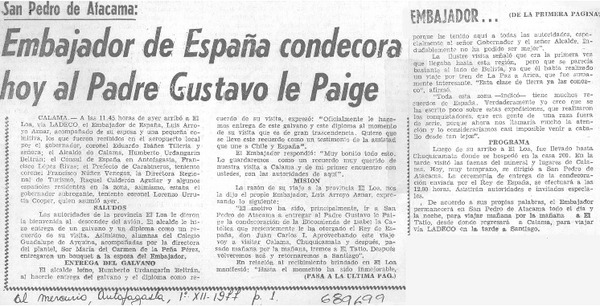 Embajador de España condecora hoy al padre Gustavo Le Paige.
