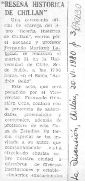 Reseña histórica de Chillán.