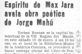 Espíritu de Max Jara avala obra poética de Jorge Mahú.