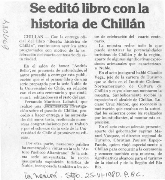 Se editó libro con la historia de Chillán.